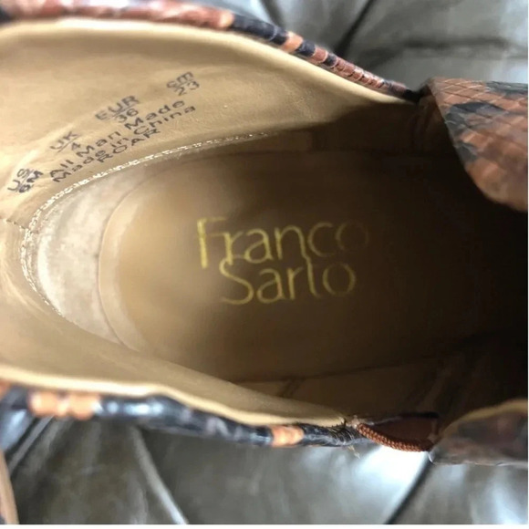 FRANCO SARTO Roar Cognac and Brown Embossed Snakeskin Bootie  New Franco Sarto Roar Snake Notched Bootie cognac embossed animal print boots